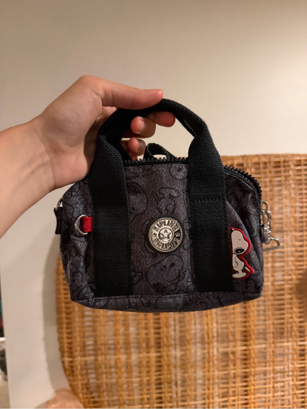 Peanuts Kipling Black Snoopy Mini Tote with Red Accent